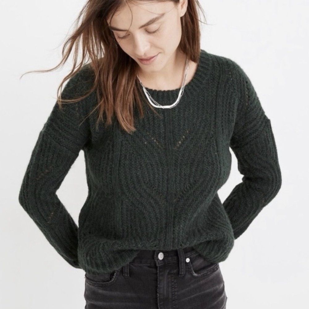 Madewell Charley Forest Green Cable Knit Alpaca Blend Sweater Sz M
